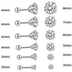 6 Pairs 3-8mm Cubic Zirconia Stud Earrings Set, 316L Hypoallergenic Surgical Stainless Steel Piercing Cartilage Fashion Helix Earrings for Women Men and Girls