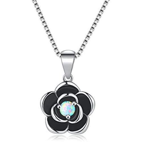 CiNily Rose Flower Pendant Necklace for Women Girls White Fire Opal Jewelry 18K White Gold Plated Enamel Flower Gemstone Pendant Necklace