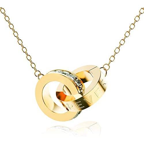 SOOYINN Interlocking Double Circles Necklace with “LOVE FOREVER” and Cubic Zirconia , Rose Gold | Gold | Silver Pendant Necklaces for Women and Girls Jewelry Gifts