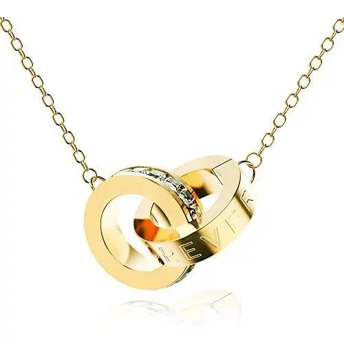 SOOYINN Interlocking Double Circles Necklace with “LOVE FOREVER” and Cubic Zirconia , Rose Gold | Gold | Silver Pendant Necklaces for Women and Girls Jewelry Gifts