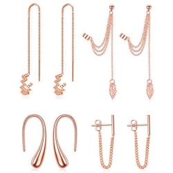 Ofeiyaa 4 Pairs Wave Cuff Earrings CZ Wrap Tassel Bar Chain Dangle Earrings Cartilage Crawler Threader Drop Earrings Teardrop Back Dangle Earrings for Women Girls Rose Gold Silver