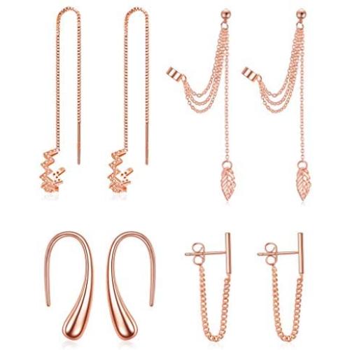Ofeiyaa 4 Pairs Wave Cuff Earrings CZ Wrap Tassel Bar Chain Dangle Earrings Cartilage Crawler Threader Drop Earrings Teardrop Back Dangle Earrings for Women Girls Rose Gold Silver