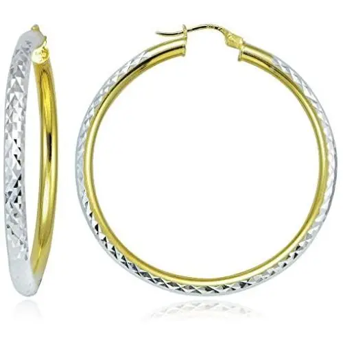 Hoops & Loops - Sterling Silver 3mm Two Tone Diamond Cut Click Top Hoop Earrings in Sizes 20mm - 50mm | Sterling Silver & Yellow Gold Flash Plated Hoops & Loops - Sterling Silver 3mm Two Tone Diamond Cut Click Top Hoop Earrings in Sizes 20mm - 50mm | Sterling Silver & Yellow Gold Flash Plated