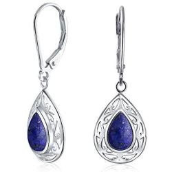 Bali Style Semi Precious Gemstone Pear Shaped Leverback Scroll Filigree Teardrop Drop Dangle Earrings For Women .925 Sterling Silver