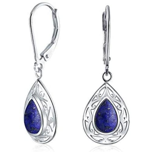 Bali Style Semi Precious Gemstone Pear Shaped Leverback Scroll Filigree Teardrop Drop Dangle Earrings For Women .925 Sterling Silver