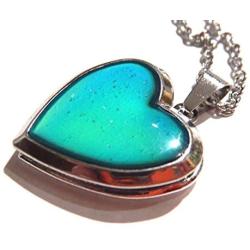 Glitter Heart Locket Mood Pendant on Silvertone Chain Necklace Color-Changing thermochromic