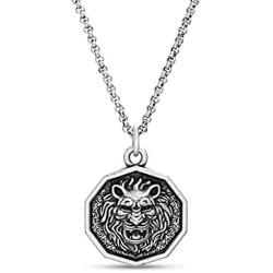 Steve Madden Mens Oxidized Lion Head Coin Pendant Chain Necklace in Stainless Steel, Silver, 28