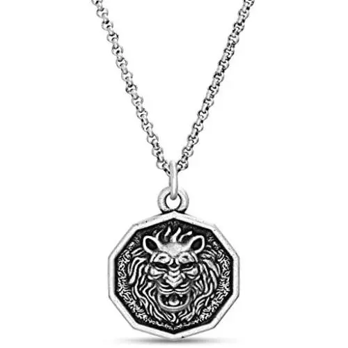 Steve Madden Mens Oxidized Lion Head Coin Pendant Chain Necklace in Stainless Steel, Silver, 28