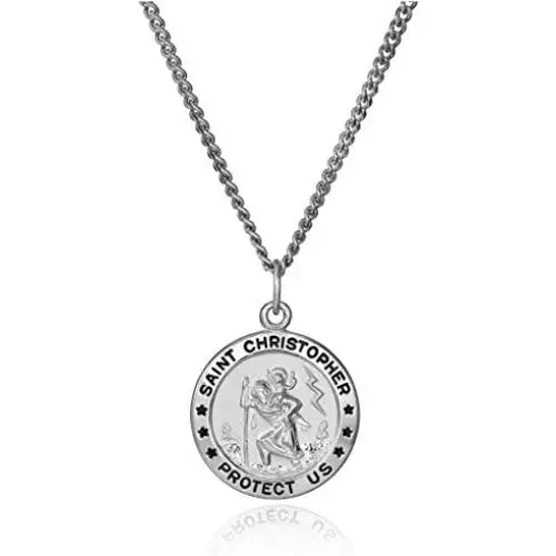 Sterling Silver Round Saint Christopher Medal with Stainless Steel Chain, 20''