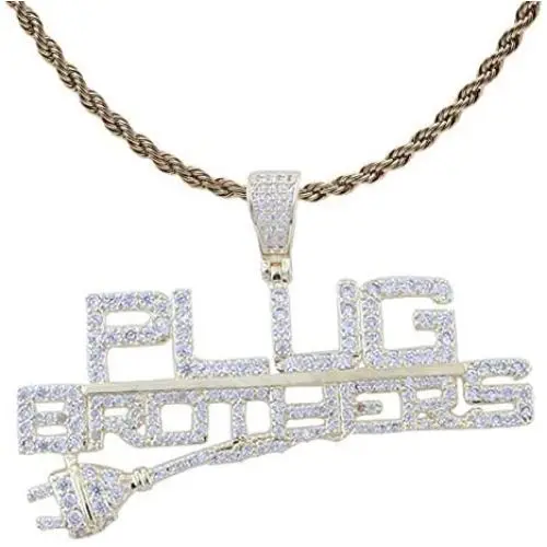 Nsitbbuery Hip Hop Night Club DJ Iced Out Letter Plug Pendant Stainless Steel Chain Necklace Nsitbbuery Hip Hop Night Club DJ Iced Out Letter Plug Pendant Stainless Steel Chain Necklace