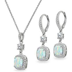 Sterling Silver Genuine or Synthetic Gemstone Cushion-Cut Halo Dangle Leverback Earrings & Pendant Necklace Set