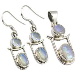 SilverStarJewel Jewelry Silver Set, RAINBOW MOONSTONE 2 Gemstone 925 Stamped Earrings & Pendant