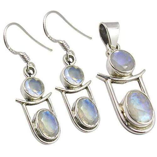 SilverStarJewel Jewelry Silver Set, RAINBOW MOONSTONE 2 Gemstone 925 Stamped Earrings & Pendant