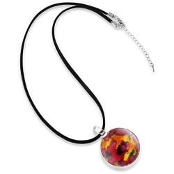 Suvani Jewelry Hand Blown Venetian Murano Glass Poppy Flowers Red Yellow Black Round Pendant Necklace, 18-20 inches