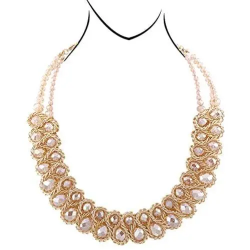 HANTON Handmade Strands Beaded Necklace for Women Girls Crystal Beads and Gold Plating Chains Statement Chokers Necklace 6 Colors