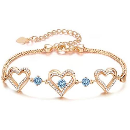 CDE Forever Love Heart Birthstone Bracelet for Women 925 Sterling Silver Charm Bracelet Adjustable with 5A Cubic Mothers Day Jewelry Gift Birthday Gift for Mom Women Wife Girls Her