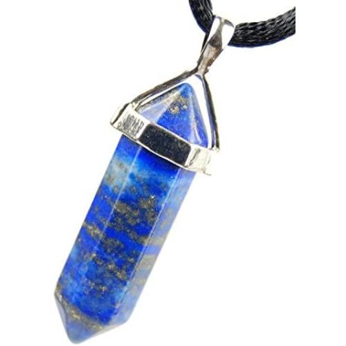 Steampunkers USA Hexagon World - 32mm Metal Point Banded Lapis Lazuli Blue Golden Pyrite - 20-22 Inch Adjustable Black Cord – Crystal Gemstone Collectibles Carved Necklace Handmade Charm