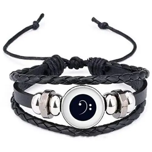 DIYthinker White Music Bass Clef Black Bracelet Braided Leather Rope Bead Wristband