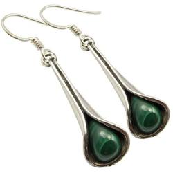 SilverStarJewel Natural Drop 6 x 9 mm Cab Malachite tcw 3.0 Earrings 1.7'' Sterling Silver