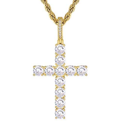 KRKC&CO Cross Pendant, Hip Hop Pendant with 3mm 22'' Rope Chain, Prong-Setting 5A CZ Stones, Iced Out Hip Hop Jewelry Street-wear Urban Style for Men & Women
