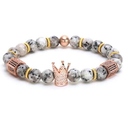 Joan Nunu CZ Crown King Charm Bracelet for Men Women Black Matte Onyx Stone Beads