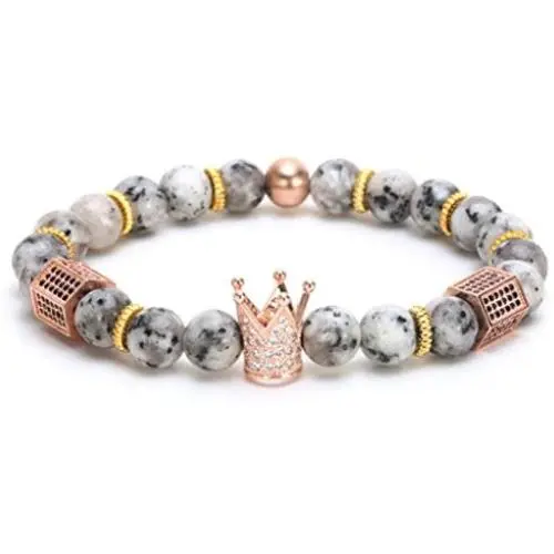 Joan Nunu CZ Crown King Charm Bracelet for Men Women Black Matte Onyx Stone Beads