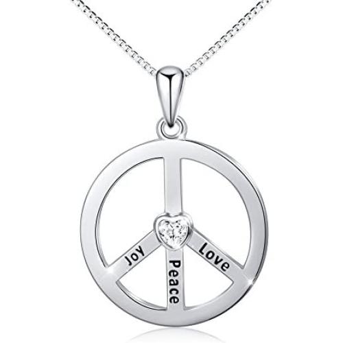 S925 Sterling Silver Peace Sign Hippie Party Accessories Pendant Necklace for Women