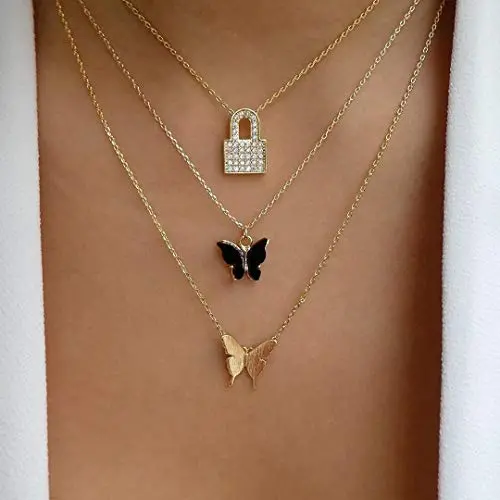 Acedre Butterfly Choker Necklace Lock Layered Necklaces Fashion Gold Necklaces Chains Neck Adjustable Jewelry Accessory for Women and Girls