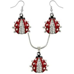 DianaL Boutique Silvertone Adorable Little Ladybug Charm Pendant Necklace and Earrings Set 21'' Chain Gift Boxed Lady Bug Fashion Jewelry