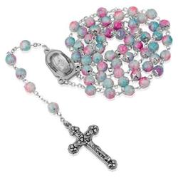 Hand Painted Swirl Round Glass Bead and Silver Plate Chain Necklace Rosary with Jordan River Water Centerpiece, Crucifix. By Marina Jewellery