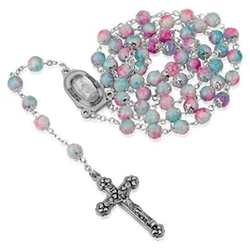 Hand Painted Swirl Round Glass Bead and Silver Plate Chain Necklace Rosary with Jordan River Water Centerpiece, Crucifix. By Marina Jewellery