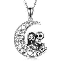 POPLYKE Nightmare Before Christmas Necklace for Women Sterling Silver Jack Skellington and Sally on The Moon Pendant Necklace Valentines Day for Girls