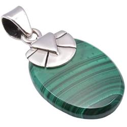 SilverStarJewel Solid Sterling Silver Malachite Flat Pendant 1.2'' Bijoux