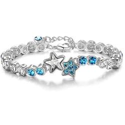 Star Tennis Bracelet for Women , Round Cut Crystal Simulated Aquamrine White Gold Plated Adjustable Chain Jewelry for Birthday Party Wedding Engagement Xmas Gift