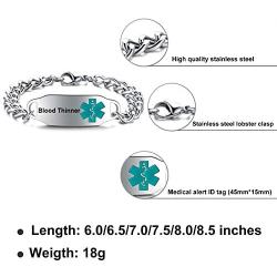 JF.JEWELRY Pre-Engraved Type 1 Diabetes/Type 2 Diabetes/Epilepsy/Blood Thinner Medical Alert ID Bracelet for Men & Women with Stainless Steel Links Bracelet 7.5 inch