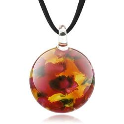 Suvani Jewelry Hand Blown Venetian Murano Glass Poppy Flowers Red Yellow Black Round Pendant Necklace, 18-20 inches