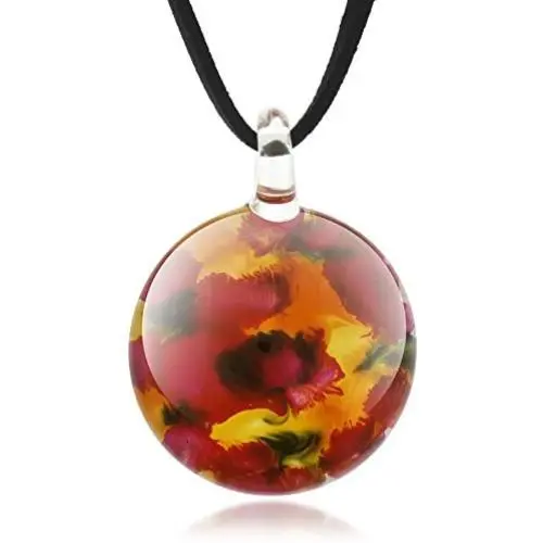 Suvani Jewelry Hand Blown Venetian Murano Glass Poppy Flowers Red Yellow Black Round Pendant Necklace, 18-20 inches Suvani Jewelry Hand Blown Venetian Murano Glass Poppy Flowers Red Yellow Black Round Pendant Necklace, 18-20 inches