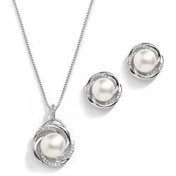 Mariell CZ and Freshwater Pearl Button Wedding Necklace and Earrings Jewelry Set for Bridesmaids & Brides