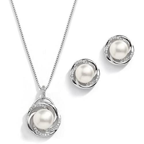 Mariell CZ and Freshwater Pearl Button Wedding Necklace and Earrings Jewelry Set for Bridesmaids & Brides