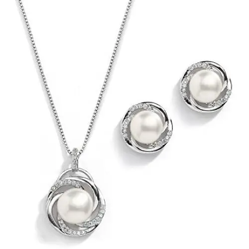 Mariell CZ and Freshwater Pearl Button Wedding Necklace and Earrings Jewelry Set for Bridesmaids & Brides Mariell CZ and Freshwater Pearl Button Wedding Necklace and Earrings Jewelry Set for Bridesmaids & Brides