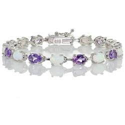 Ice Gems Sterlilng Silver Gemstone and Created White Opal 7x5mm Oval-Cut Tennis Bracelet