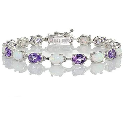 Ice Gems Sterlilng Silver Gemstone and Created White Opal 7x5mm Oval-Cut Tennis Bracelet