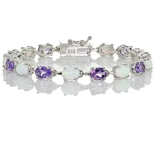 Ice Gems Sterlilng Silver Gemstone and Created White Opal 7x5mm Oval-Cut Tennis Bracelet