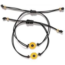 Pinky Promise Matching Distance Bracelets, Handmade Adjustable Charms Sunflower Boho Bracelet Friendship Jewelry for for Women Girl Inspirational Gifts 2 Set