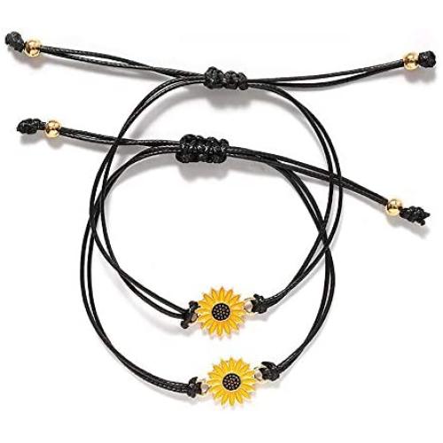 Pinky Promise Matching Distance Bracelets, Handmade Adjustable Charms Sunflower Boho Bracelet Friendship Jewelry for for Women Girl Inspirational Gifts 2 Set