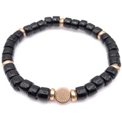 Mens Glass & Brass Stretch Bead Bracelet - Black
