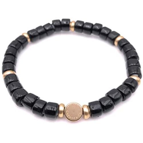 Mens Glass & Brass Stretch Bead Bracelet - Black