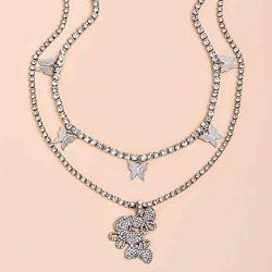 Cagora Butterfly Layered Choker Crystal Rhinestones Choker Necklace 2 Pcs Boho Pendent Chain Silver Club Necklace Jewelry for Women and Girls