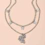 Cagora Butterfly Layered Choker Crystal Rhinestones Choker Necklace 2 Pcs Boho Pendent Chain Silver Club Necklace Jewelry for Women and Girls