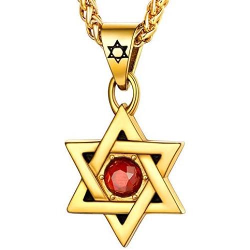 U7 Star of David Necklace Men Women Stainless Steel/18K Gold Plated Rope Chain Jewish Megan Star Pendant Israel Necklaces, Vintage Symbol/Ruby Stone/Cross Design, Length 22 Inch